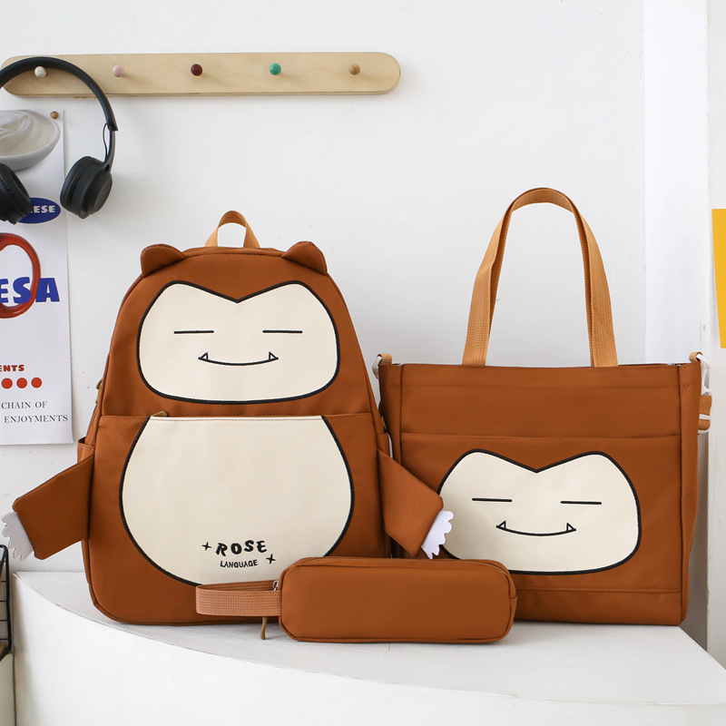 Ensemble de Sacs Snorlax 3Pcs Design Kawaii Noir – حقيبة مدرسية 3 قطع - Image 2